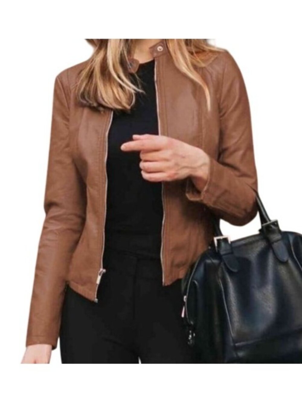 Chic Moto Vegan Leather Jacket Zip-up Sleek Snap Mock Neck Sleek Trendy Camel